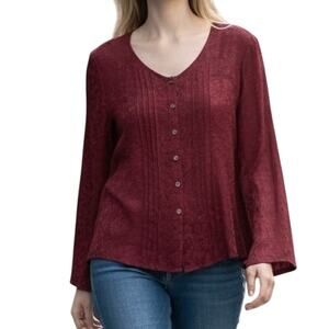 CP Shades Burgundy Button Top Womens Small Pleated V-Neck Tonal Floral Print